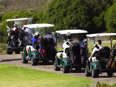 People driving down a golf path in carts having a good time